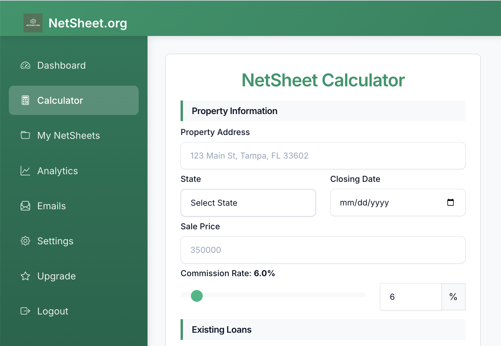 NetSheet.org real estate calculator screenshot showing seller net sheet calculation interface